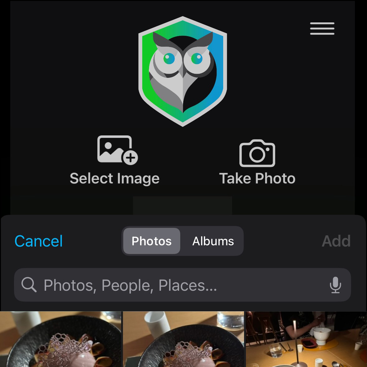 Buttons to select image or take photo